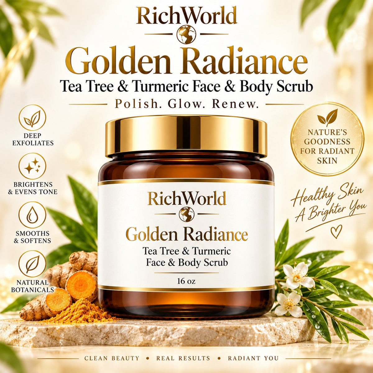 Golden Radiance Face & Body Scrub – Tea Tree & Turmeric | 16 oz