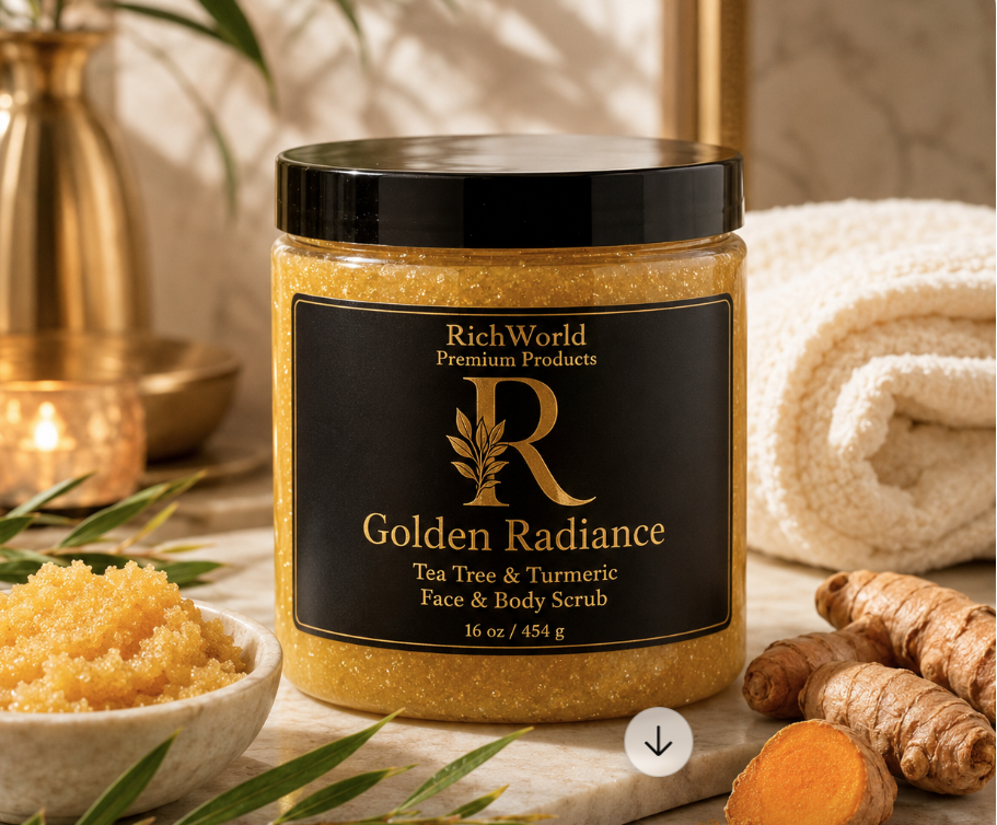 Golden Radiance Face & Body Scrub – Tea Tree & Turmeric | 16 oz